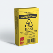 Yellow plastic Sharps Container with biohazard symbol for safe disposal of clinical sharps and medical waste.