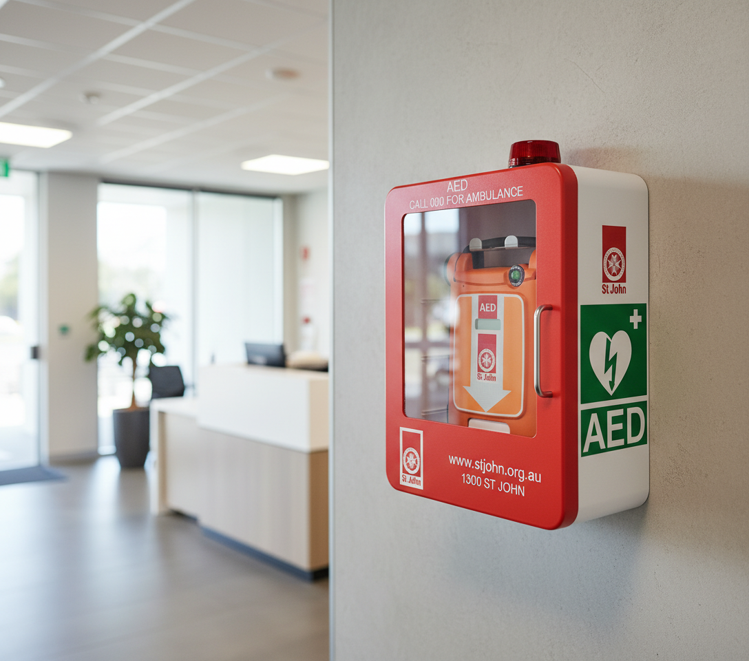 St John Defibrillator Cabinet with visible AED inside mounted on wall in a modern indoor office reception area