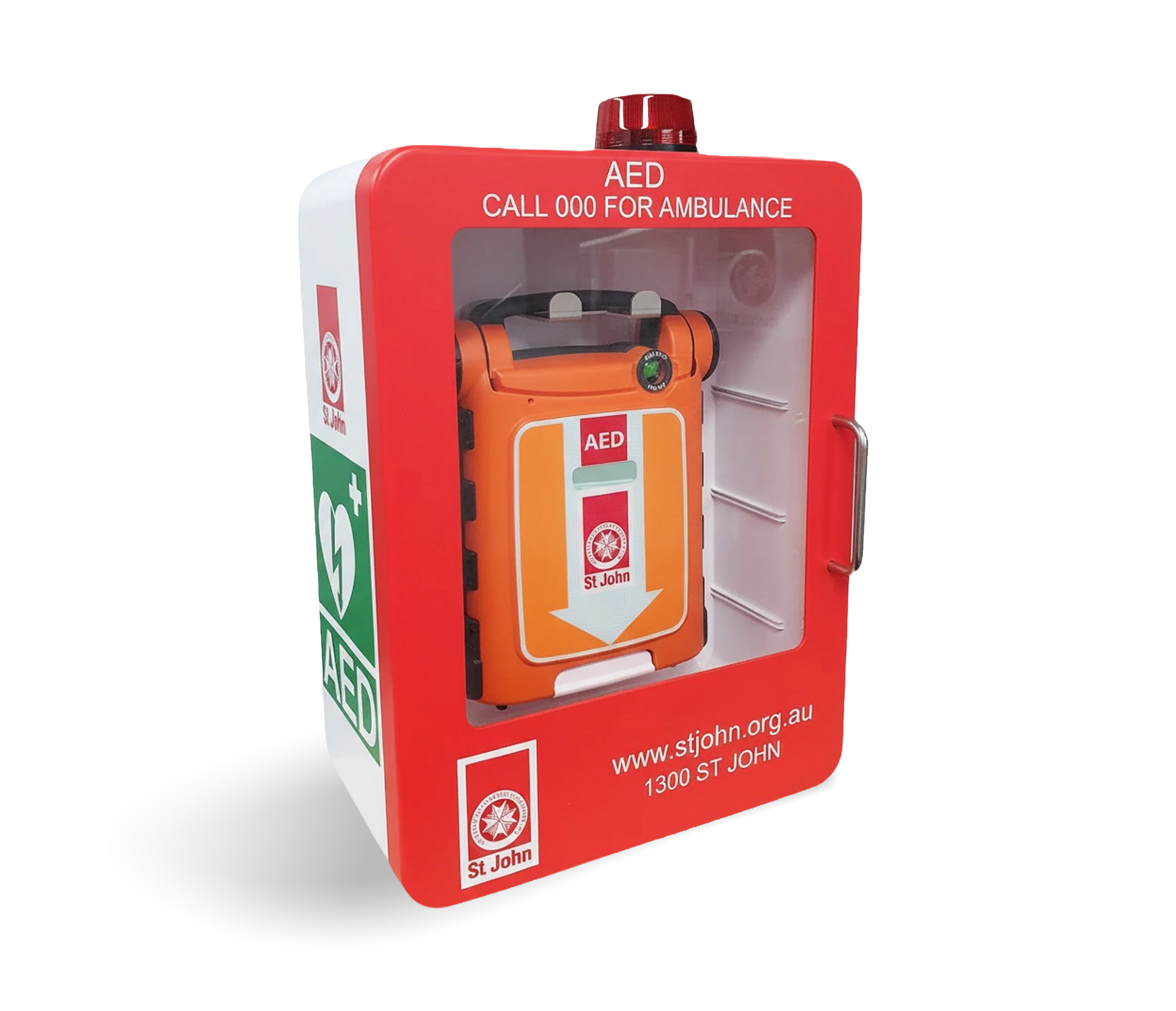 St John Defibrillator Cabinet wall mountable indoor with alarm and red light for first aid defibrillator storage