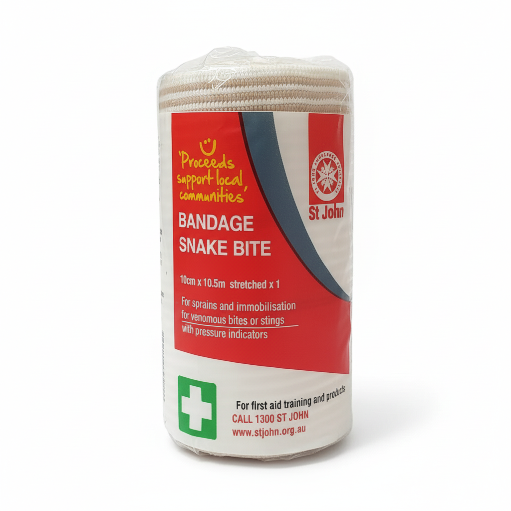 St John Snake Bite Bandage for sprains and immobilisation of venomous bites with pressure indicators and first aid support.