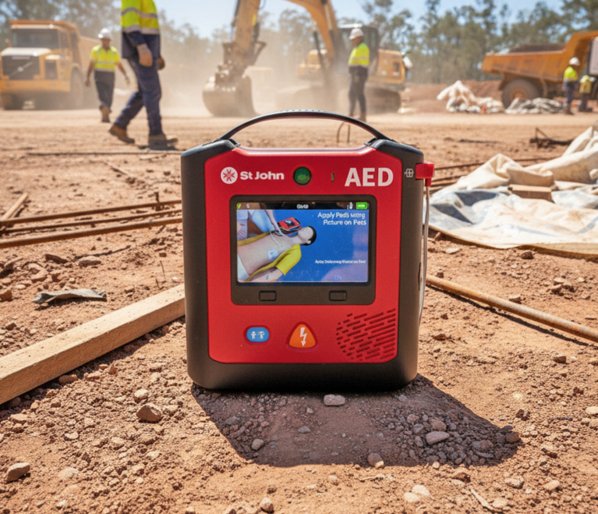 St John X3 defibrillator with on-screen rescue videos on a dusty construction site with workers in background