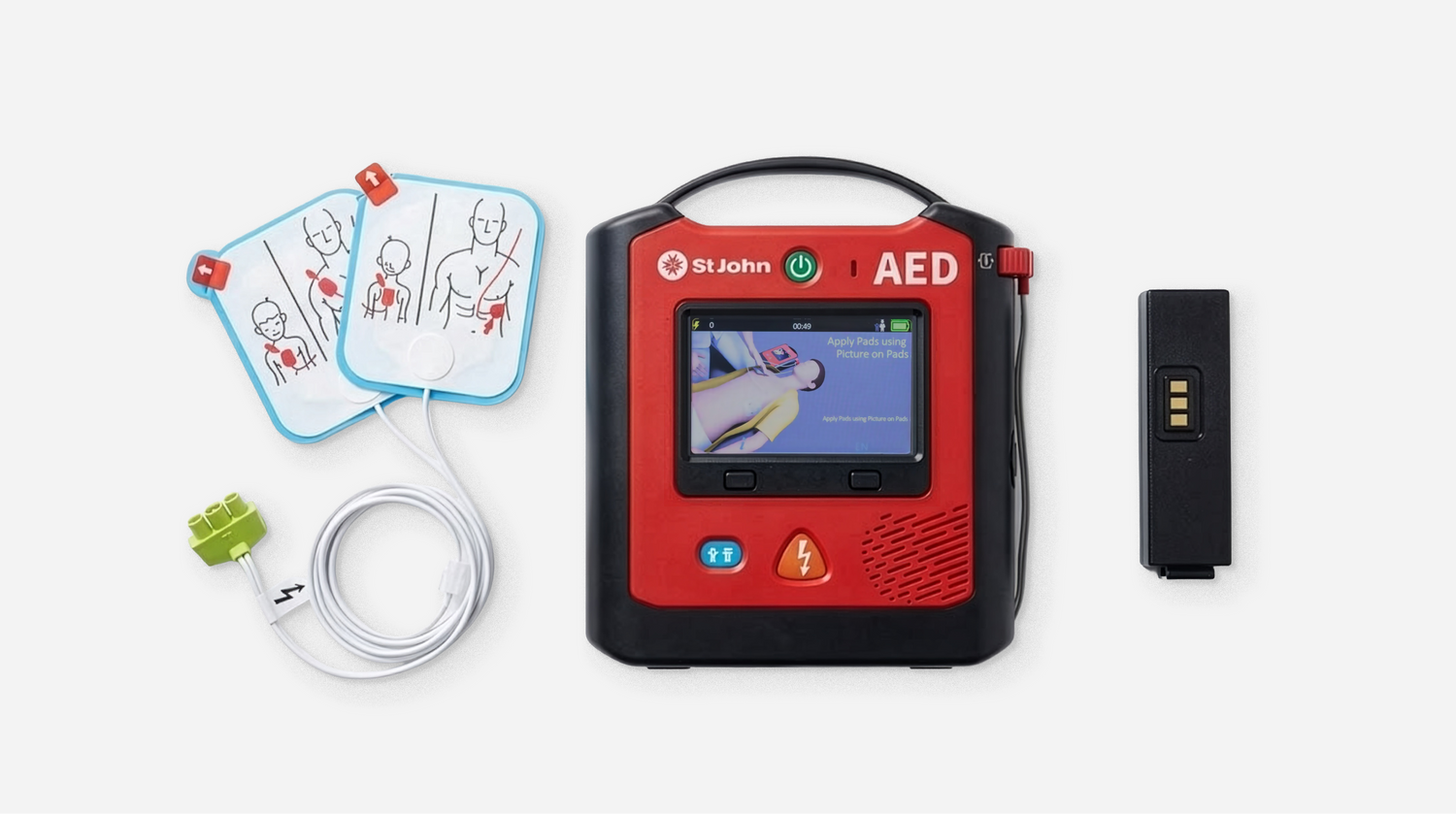 St John WA branded AED defibrillator with electrode pads and a battery pack displayed on a white background.