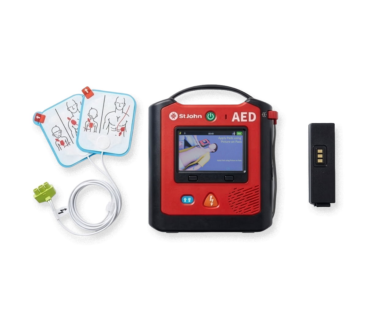 St John X3 defibrillator with on-screen video, voice prompts, electrode pads, and battery for emergency first aid response
