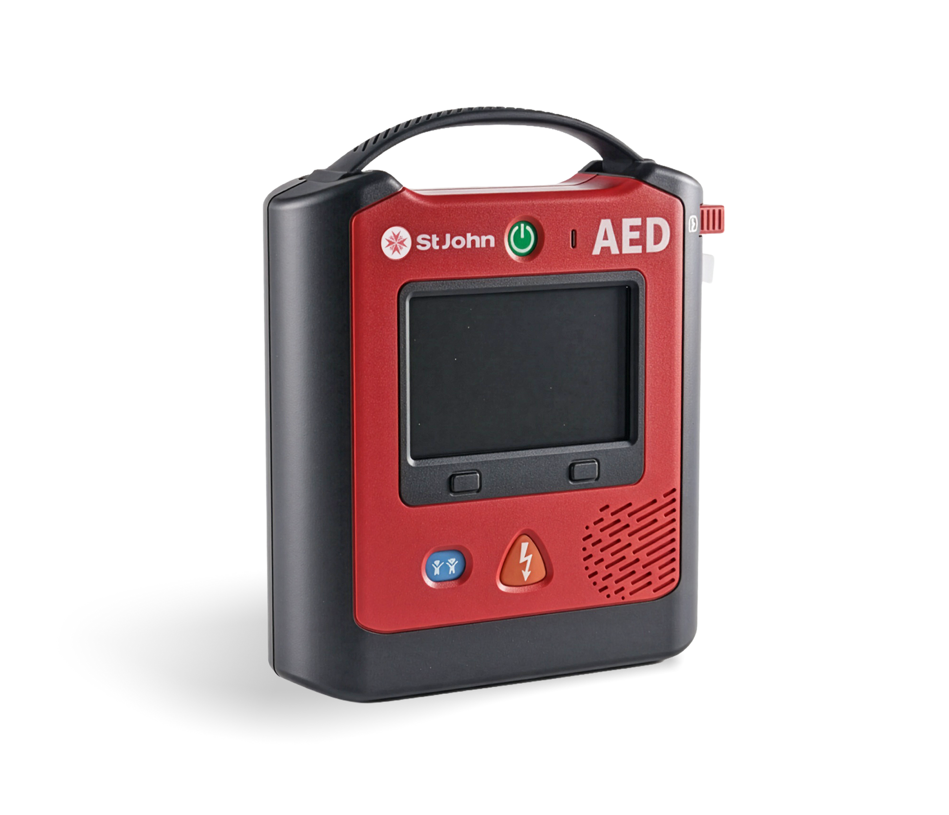 St John X3 defibrillator with screen, voice prompts, and one-button child mode for easy emergency use