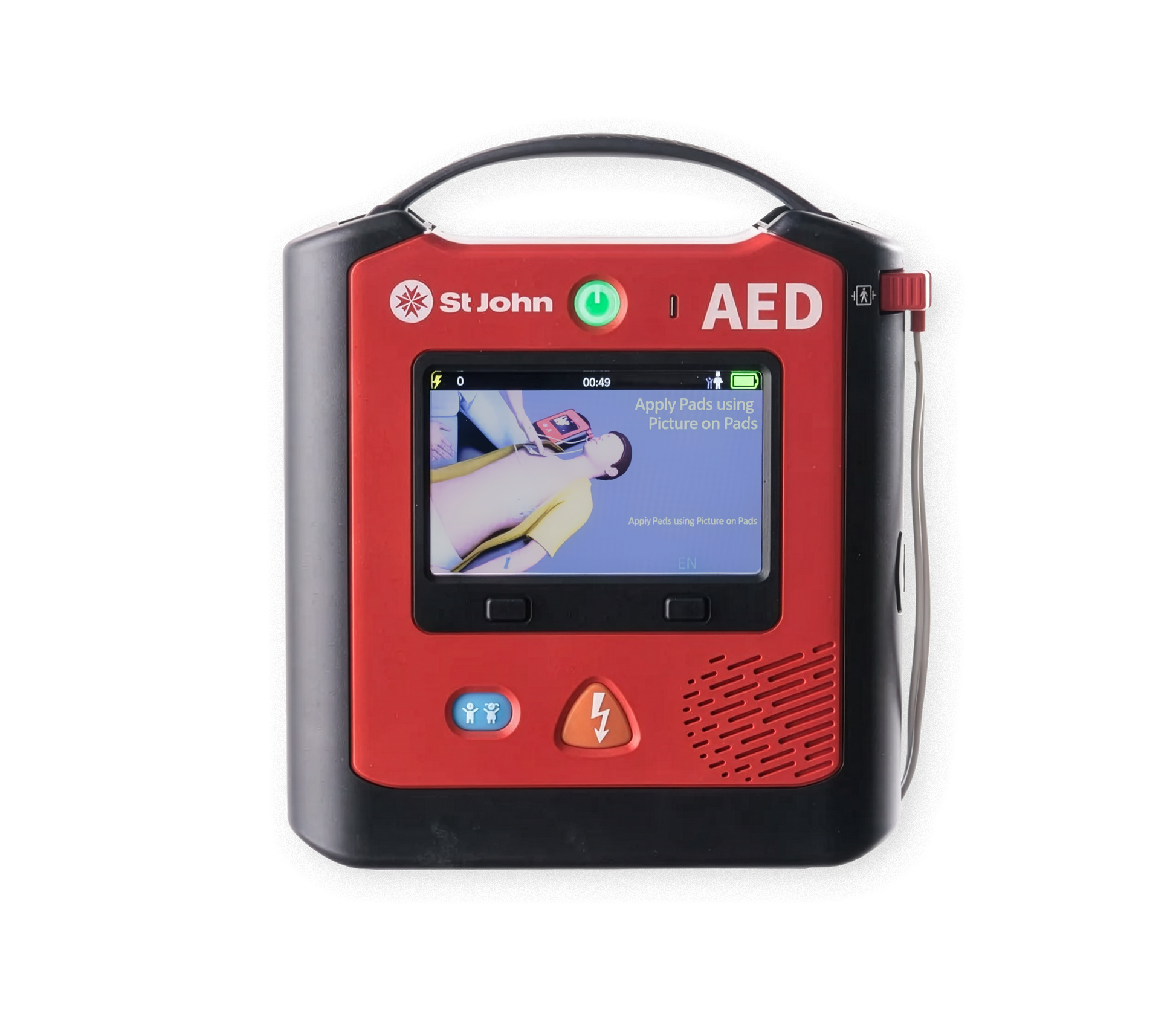 St John X3 defibrillator with video and voice prompts, lightweight design, one-button child mode, daily self-testing for emergencies