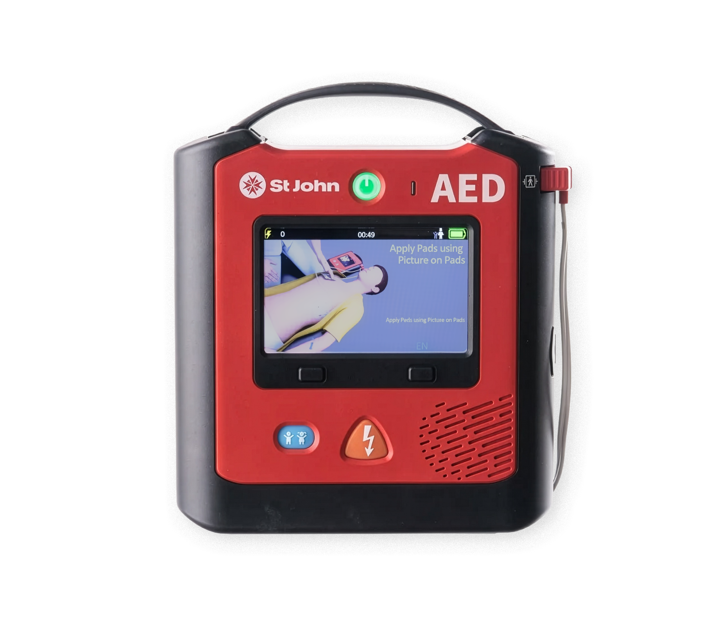 St John X3 defibrillator with video and voice prompts, lightweight design, one-button child mode, daily self-testing for emergencies