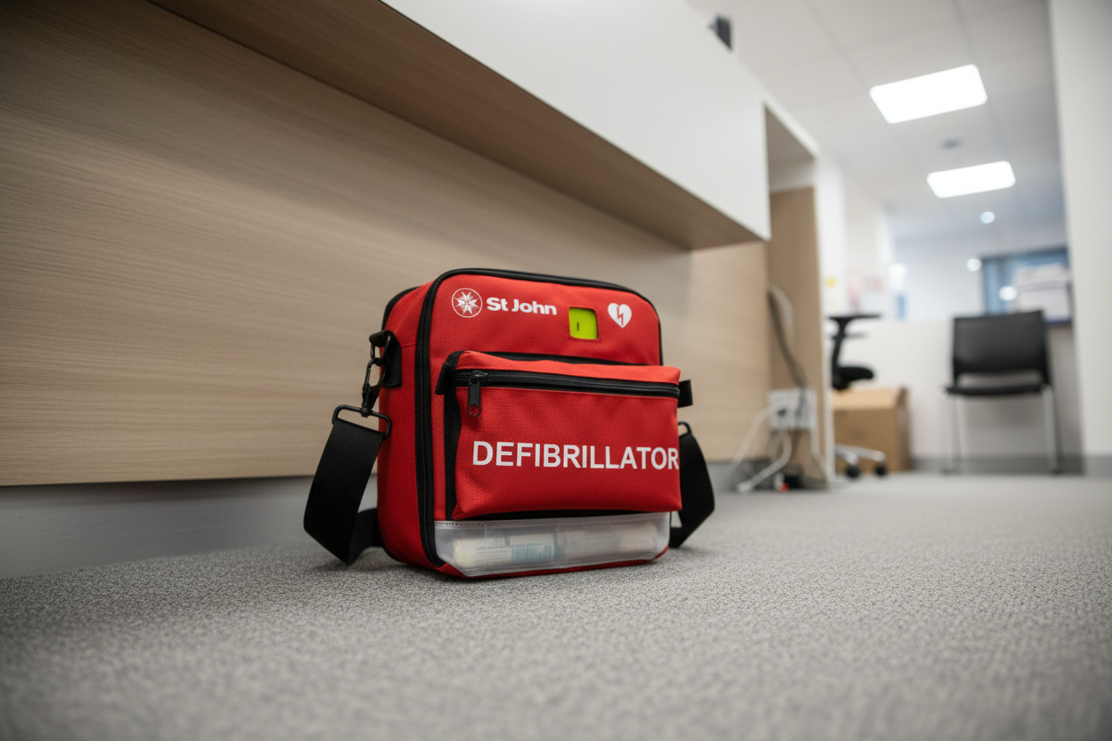 St John X3/X1 AED Soft Carry Bag in red with DEFIBRILLATOR label, designed for first aid and defibrillator storage.
