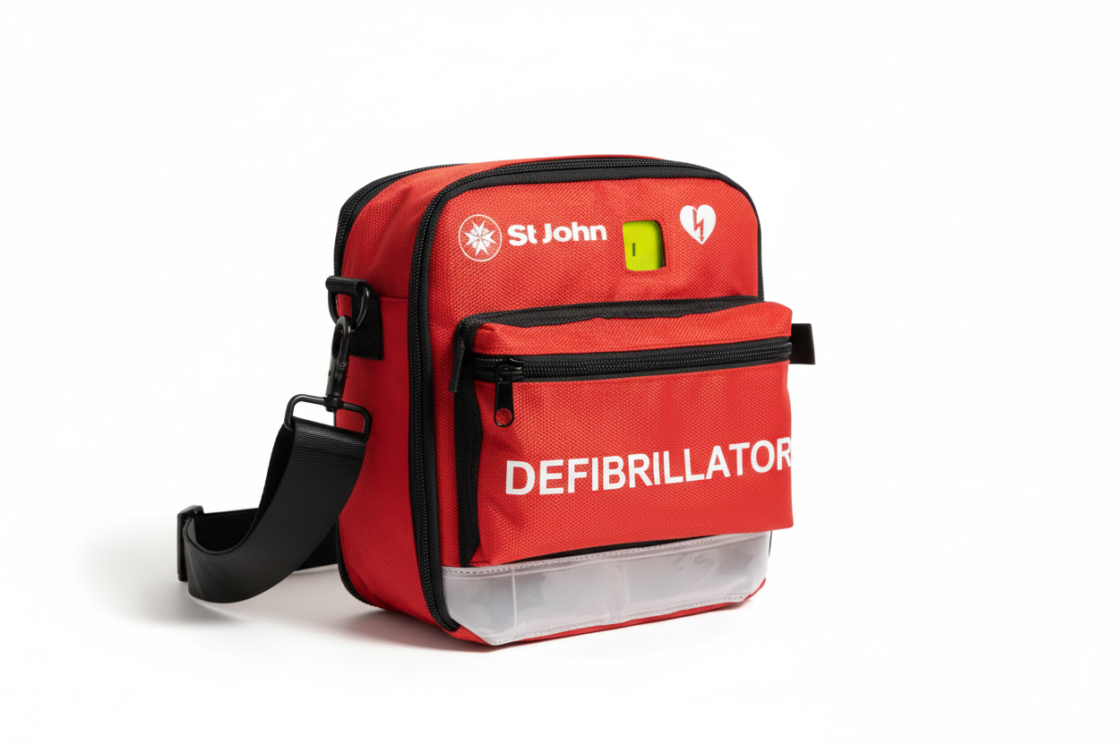 St John X3/X1 AED Soft Carry Bag in red with shoulder strap for first aid kits and defibrillators storage and transport