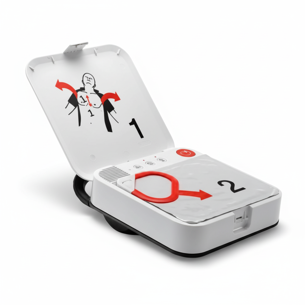 Lifepak CR2 Defib (Training Unit) showing open case with electrode placement guide for defibrillator training use