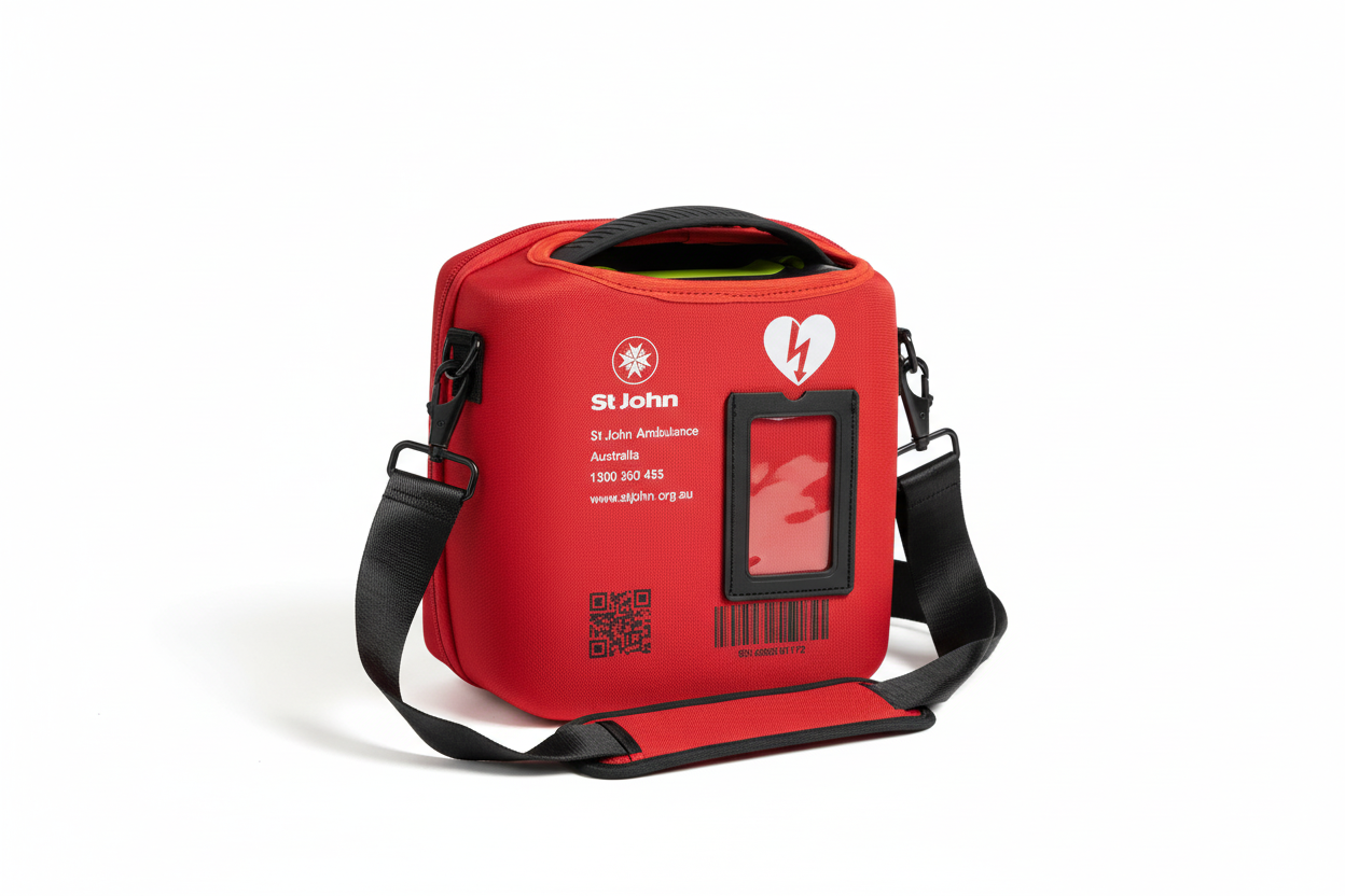 St John X3 - Semi-Automatic Defibrillator - Hard Carry Case in red with shoulder strap for first aid supplies and defibrillators