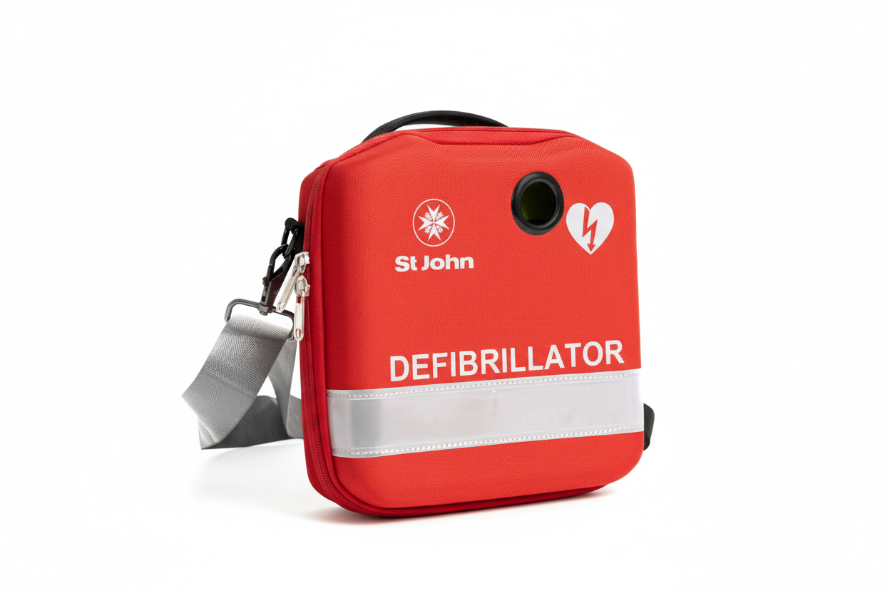 St John X3 - Semi-Automatic Defibrillator - Hard Carry Case in red for safe storage of first aid supplies and defibrillators.