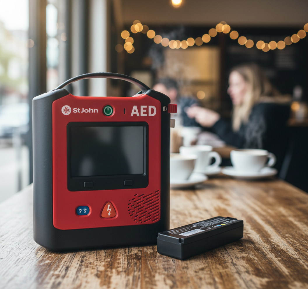 X3/X1 Defib Battery - Single shown next to a St John AED device on a wooden table in a cafe setting