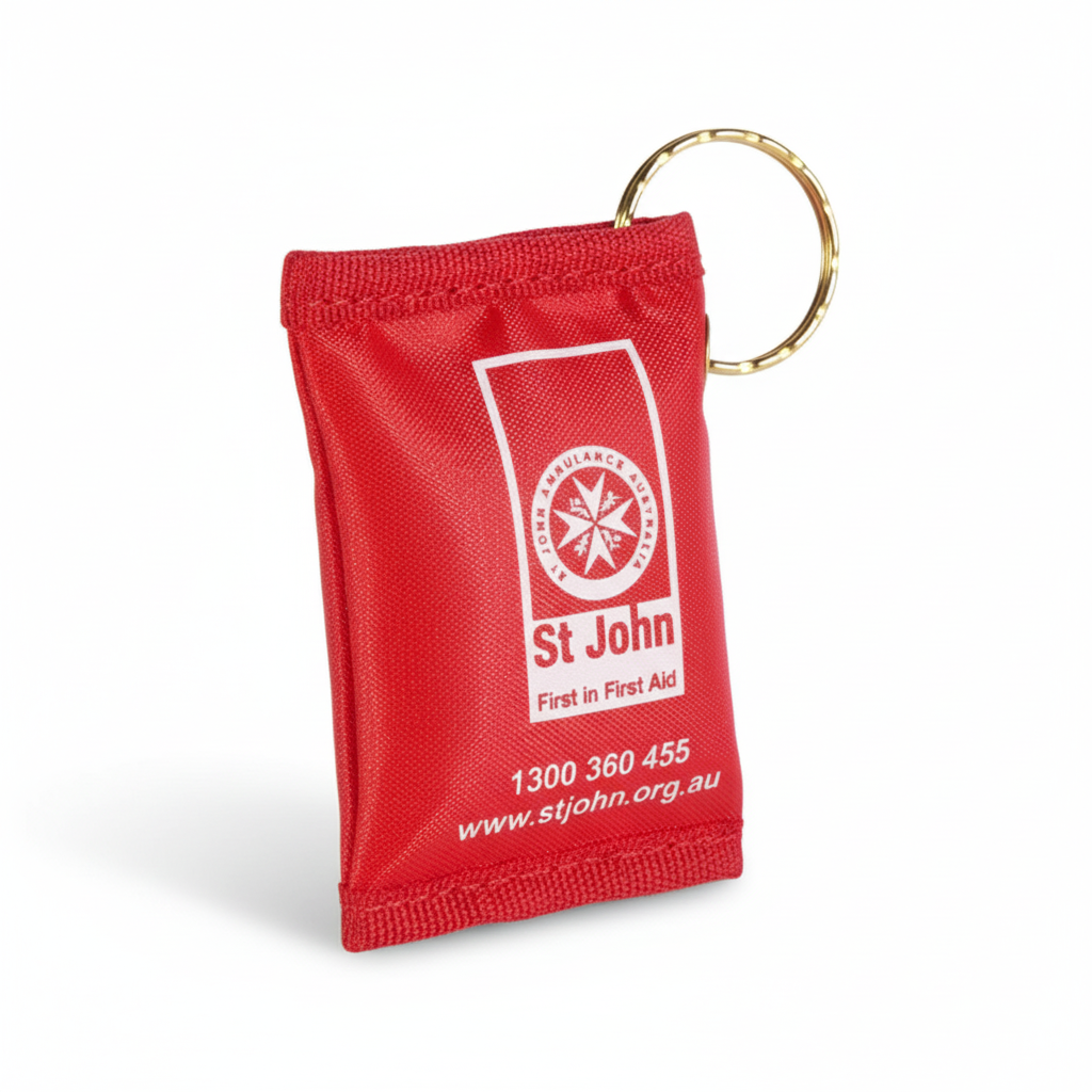 Red pouch with keyring for carrying the Resuscitation Face Shield by St John WA for CPR protection.