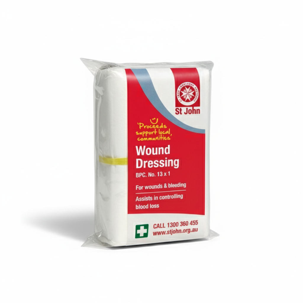 St John Wound Dressing with cotton pad and gauze, compliant with British Pharmacopoeia for bleeding control and first aid supplies