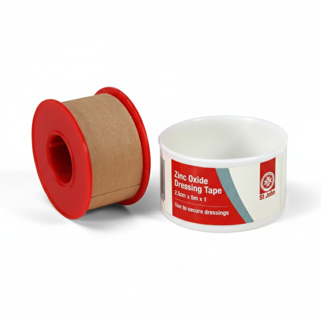 Zinc Oxide Tape roll with red sides and white container, used for securing dressings in first aid applications by St John WA