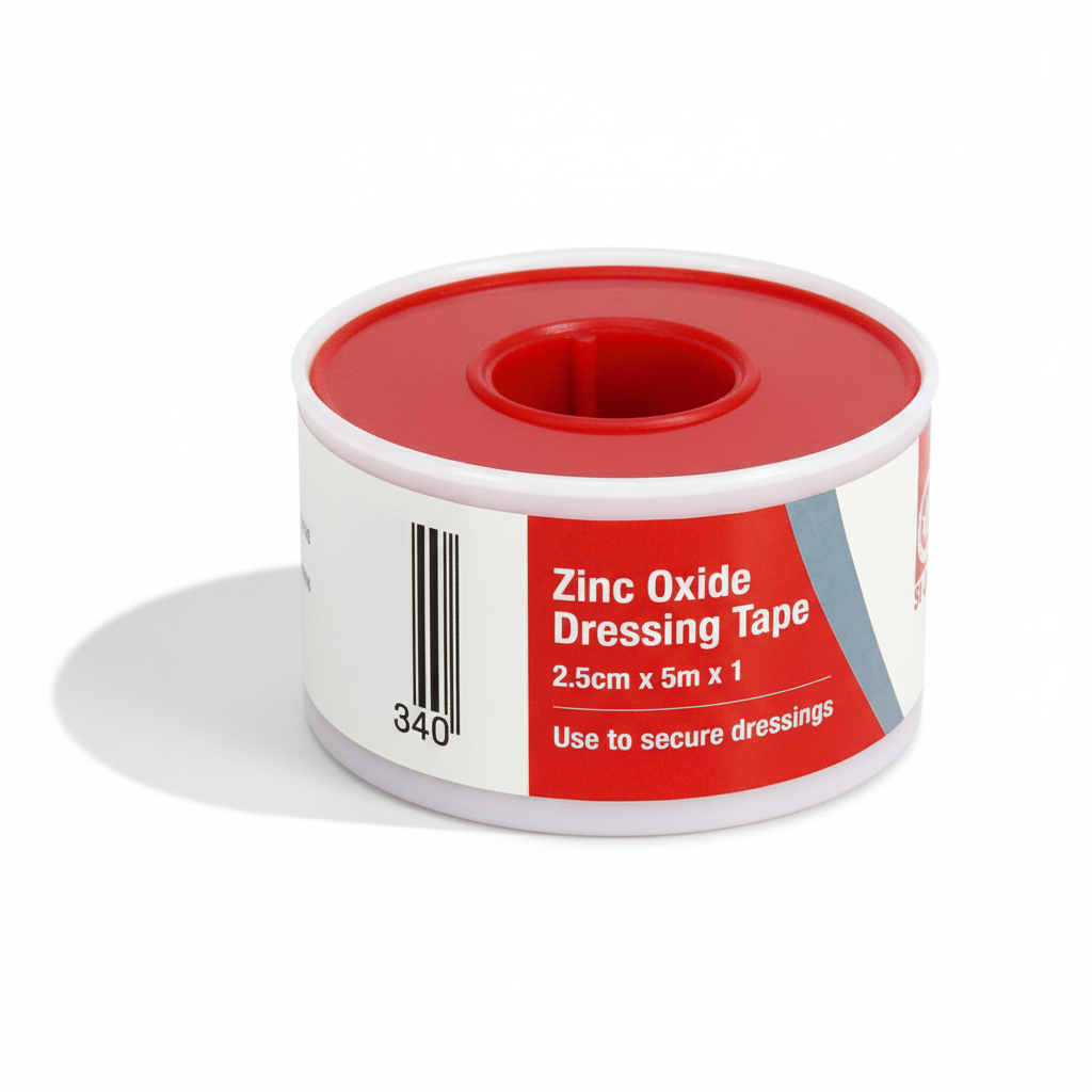 Zinc Oxide Tape roll with red label, designed for securing dressings in first aid and medical applications.