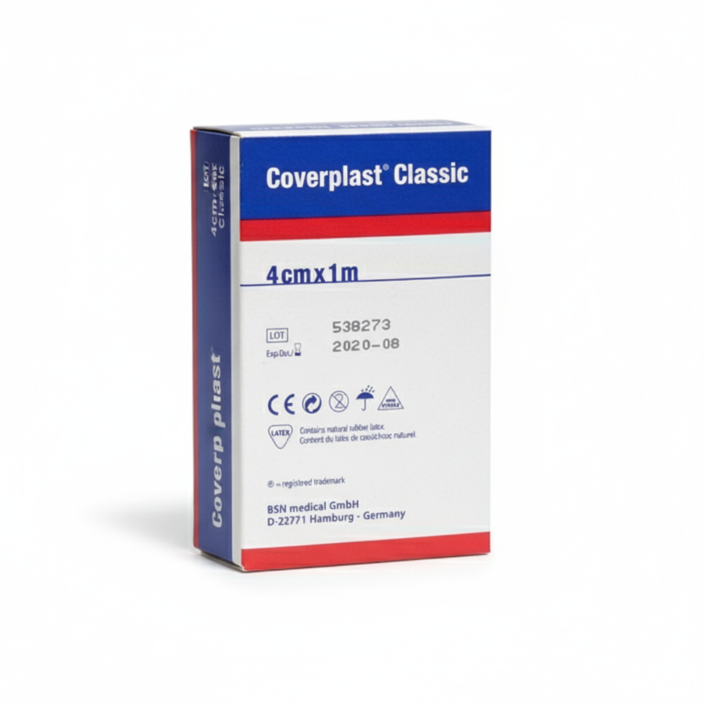 Coverplast Dressing in blue and white box with red accents for durable, elastic first aid protection and secure fixation