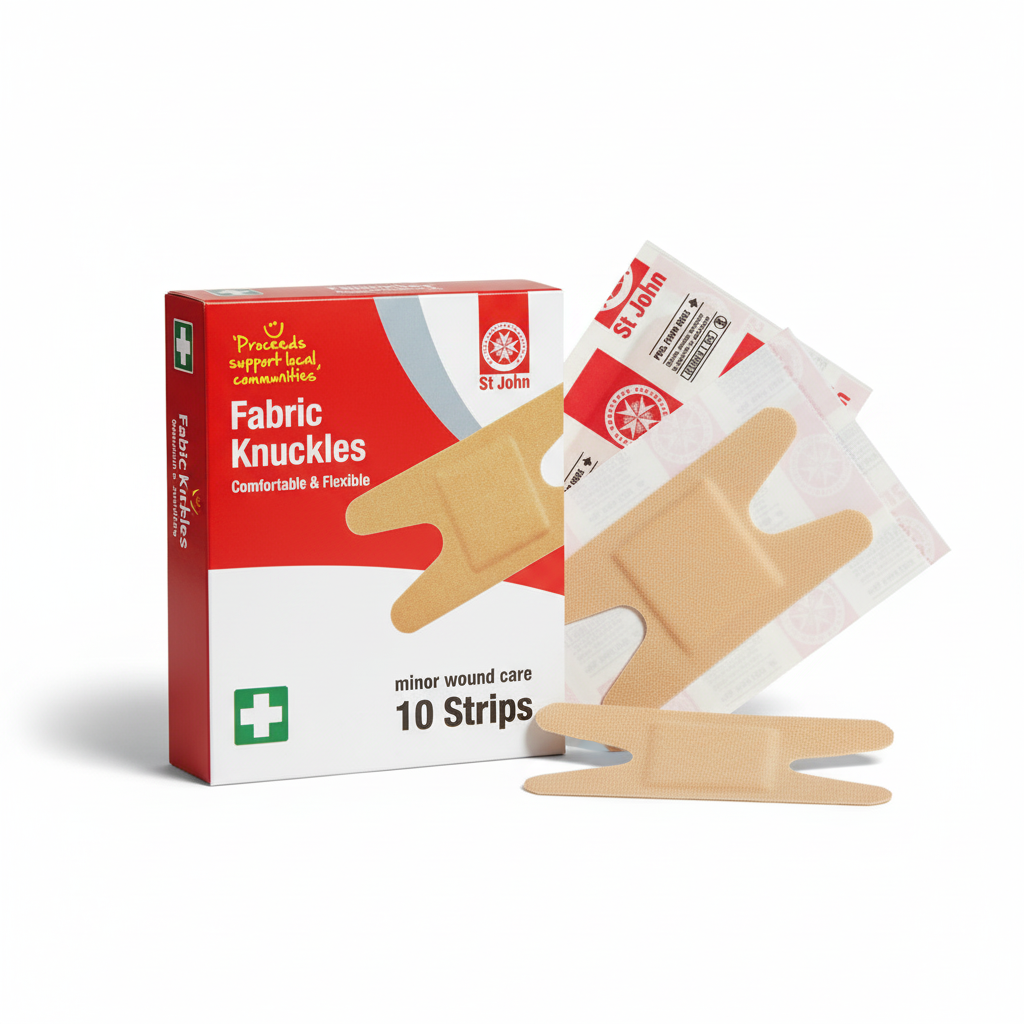 Knuckle Dressing Strips by St John WA for minor wound care, flexible adhesive strips shaped for knuckles.