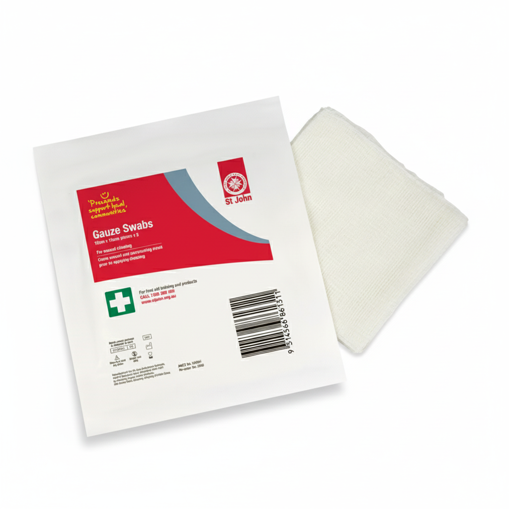 Gauze Swabs sterile cotton swabs for wound care next to its sealed packaging with St John WA branding