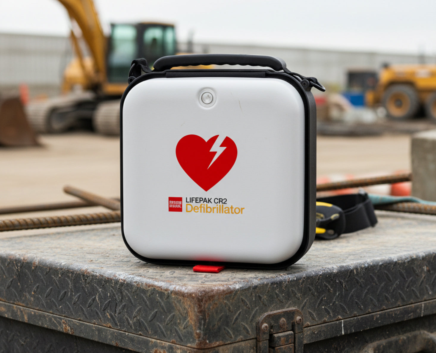 Lifepak CR2 defibrillator case with heart symbol placed on industrial metal surface for first aid use