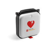 Lifepak CR2 defibrillator in protective case with heart and lightning symbol for emergency first aid supplies.