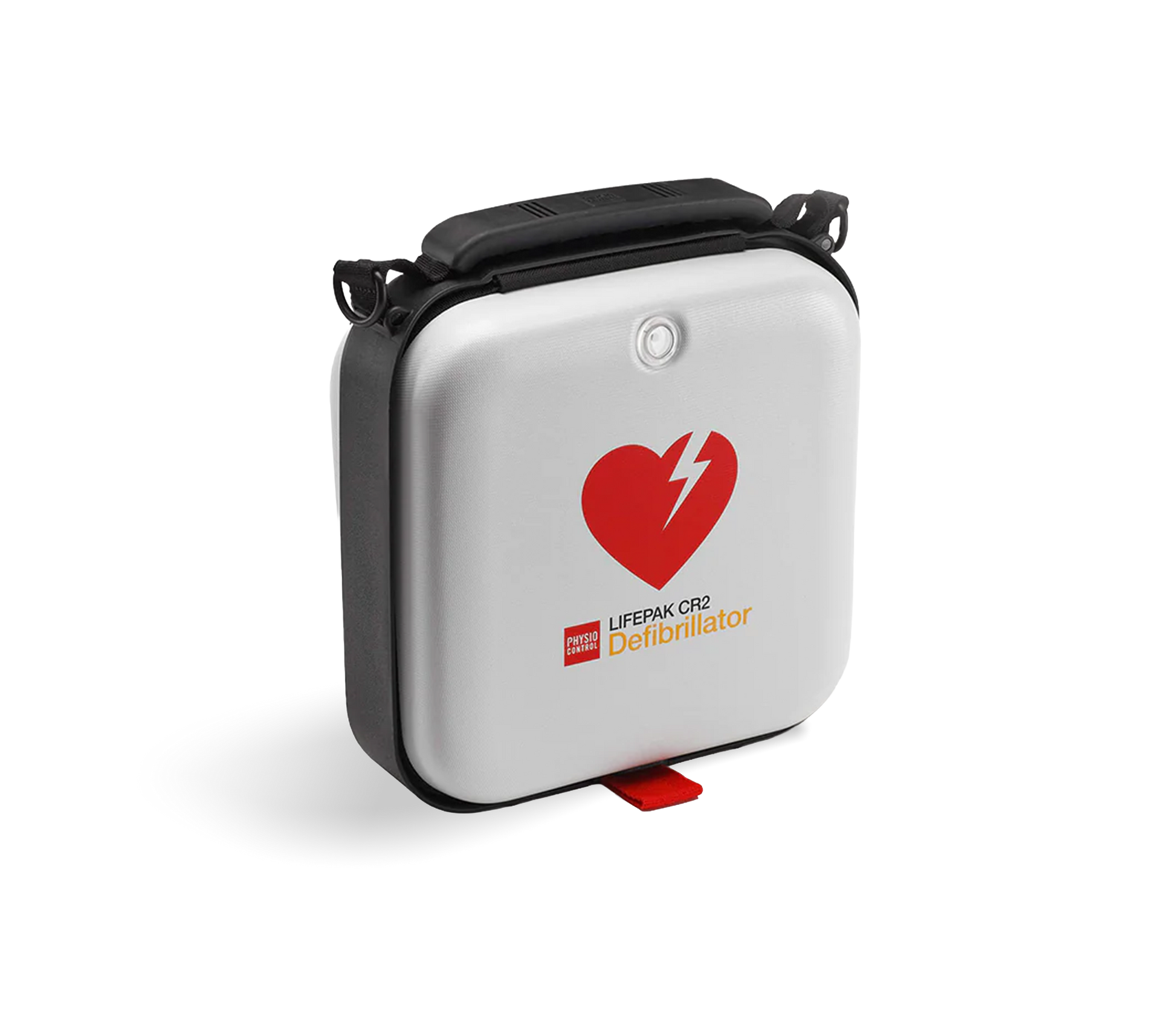 Lifepak CR2 defibrillator in protective case with heart and lightning symbol for emergency first aid supplies.