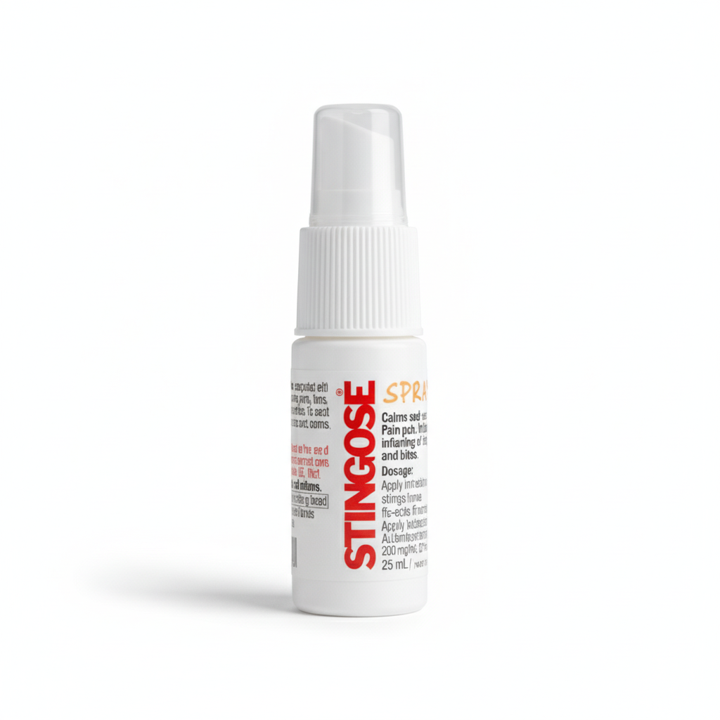 Stingose Spray bottle for soothing pain, itch, and swelling from insect stings and bites, ideal for sensitive skin.