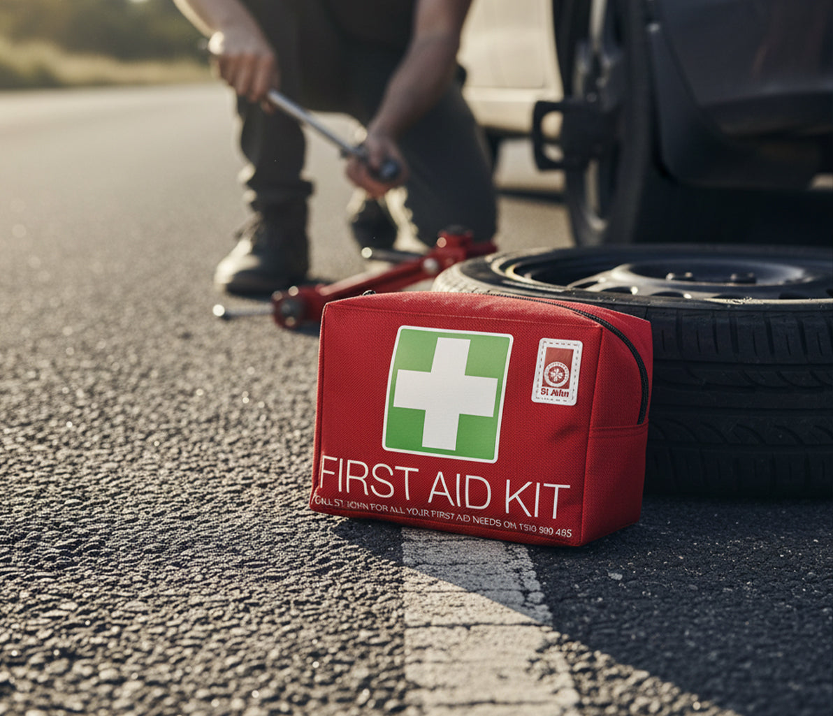 Red Motoring First Aid Kit (Personal) beside a vehicle tire on roadside with person changing a tire in background