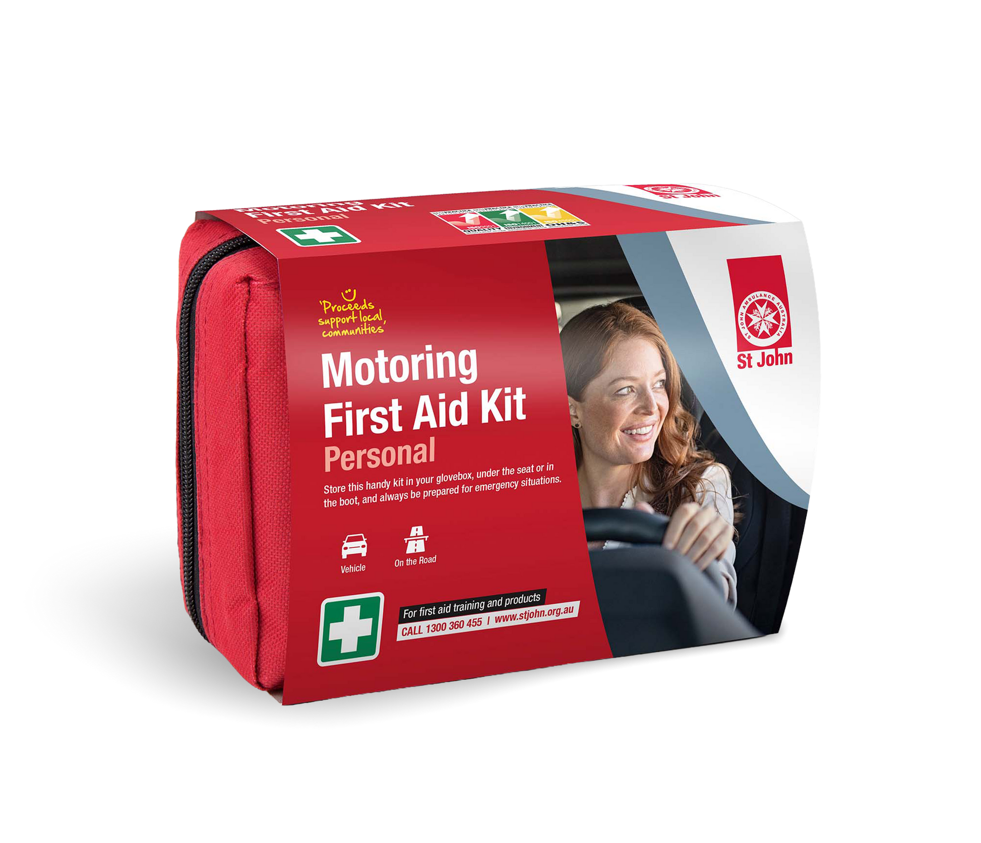 Compact red Motoring First Aid Kit (Personal) by St John with essential first aid supplies for vehicles and emergencies