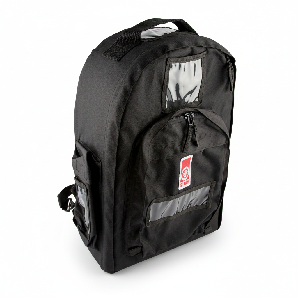 Empty First Aid Backpack by St John with adjustable dividers for organising first aid supplies and 19 litre capacity storage bag