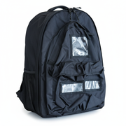Empty First Aid Backpack in black with multiple compartments and clear ID windows for first aid supplies organization.