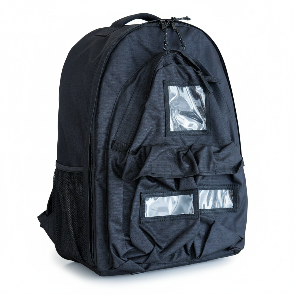 Empty First Aid Backpack in black with multiple compartments and clear ID windows for first aid supplies organization.