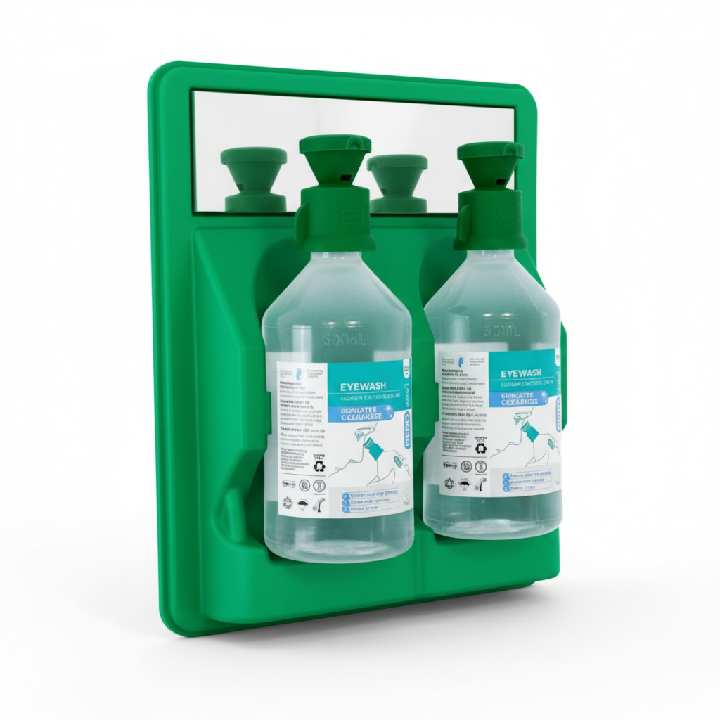 AeroWash Eyewash Station (Includes 2x 500ml Bottles) with wall mount, mirror, and built-in eye cups for emergency flushing.