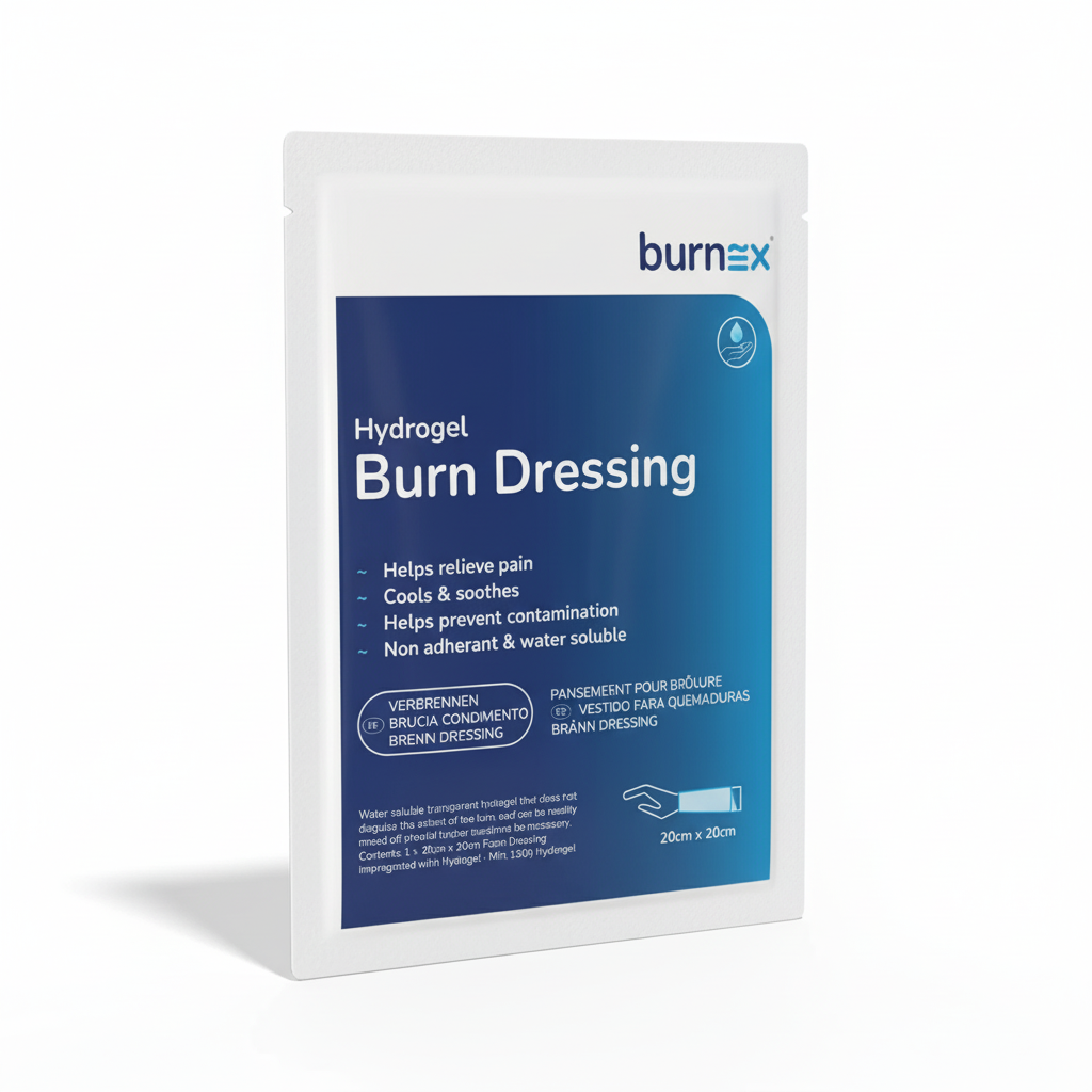 Burnex Burn Hydrogel Dressing water soluble cooling dressing for pain relief and burn treatment in first aid supplies.