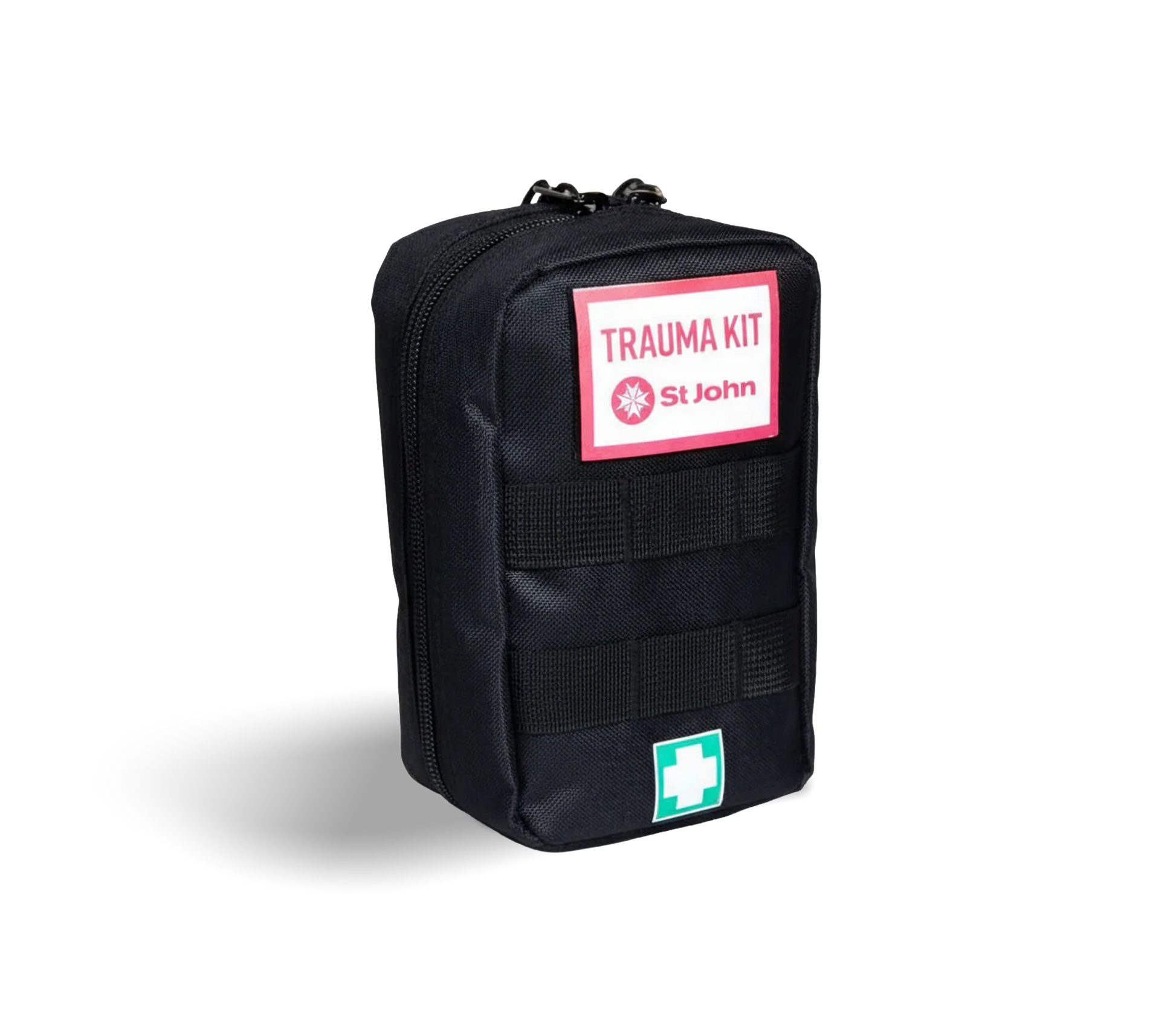 Compact black Trauma IFAK with St John logo and first aid cross, designed for emergency bleeding control and injury care.