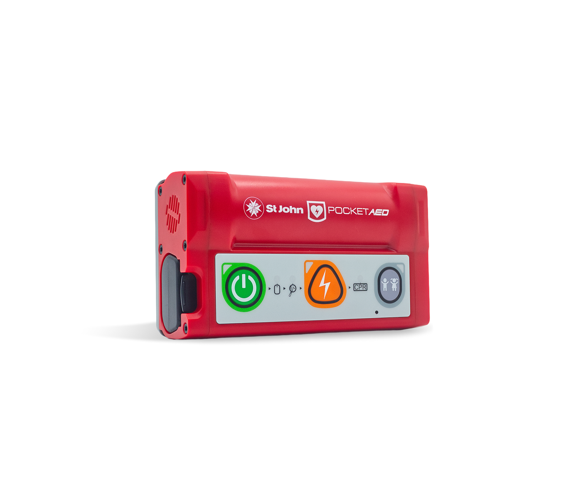 A St. John Pocket Aid portable defibrillator in red, featuring a front control panel with green, orange, and gray buttons, shown on a white background.