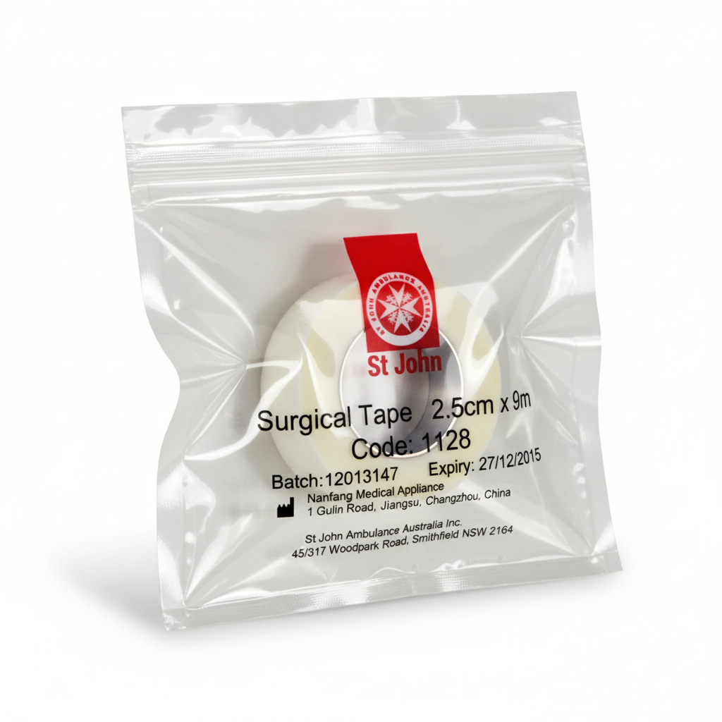 Clear resealable bag containing white Surgical Tape breathable and gentle for sensitive skin in first aid supplies