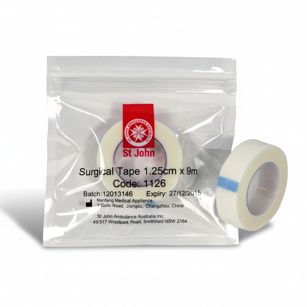 Surgical Tape in resealable bag with breathable white paper tape for sensitive skin, ideal for first aid supplies.