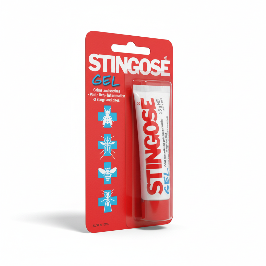Stingose Gel packaging showing relief for pain, itch, and inflammation from insect stings and bites in small affected areas.