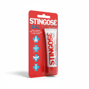 Stingose Gel packaging showing relief for pain, itch, and inflammation from insect stings and bites in small affected areas.