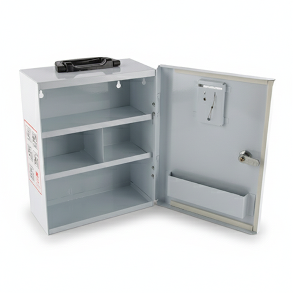 Empty Workplace First Aid Box open showing multiple compartments for organizing first aid supplies in the workplace