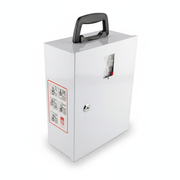 Empty Workplace First Aid Box with durable metal construction and secure lock, designed for storing first aid supplies.