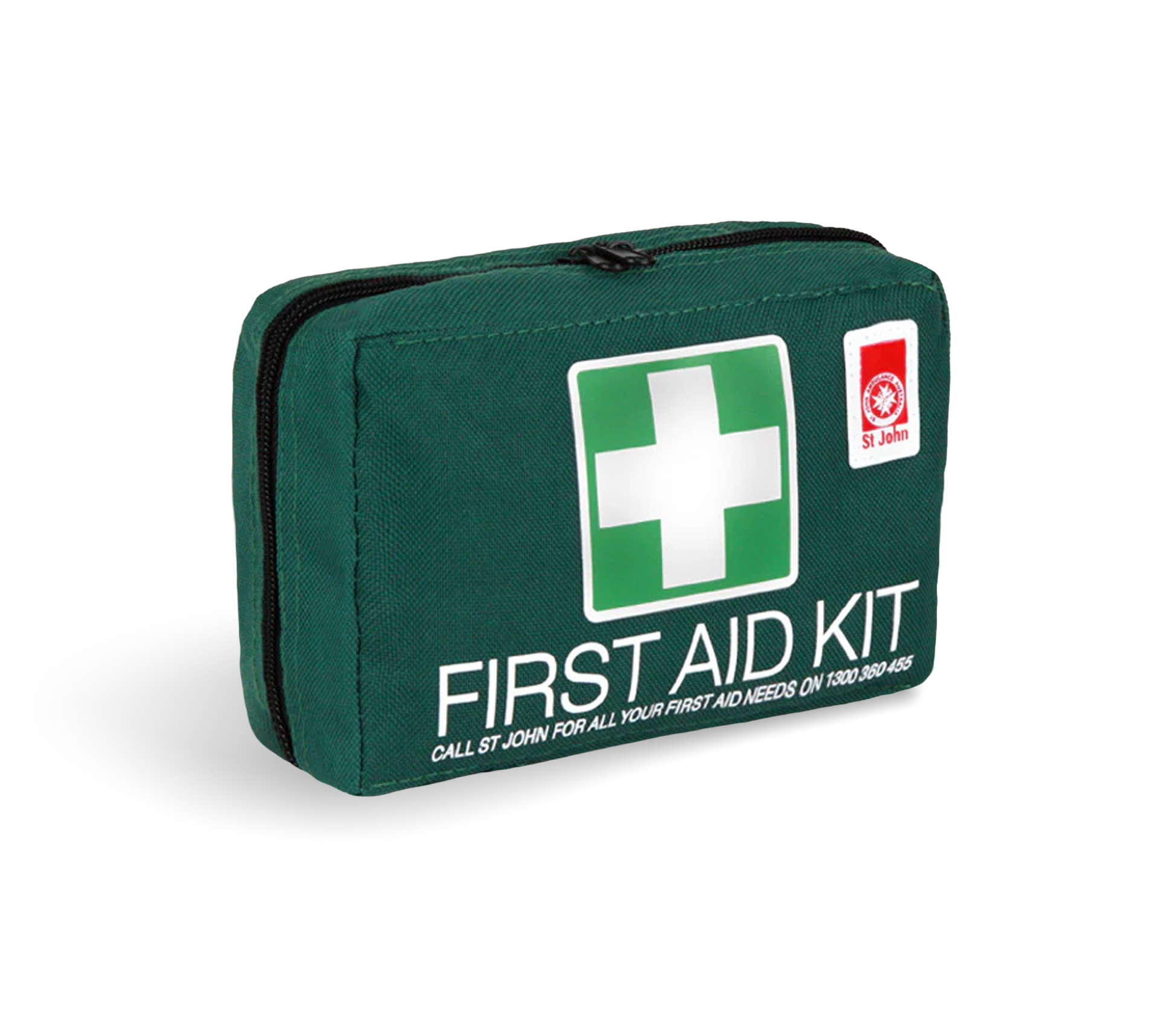 Green Empty First Aid Kit Bag with white cross symbol and St John logo designed for portable First Aid Supplies storage