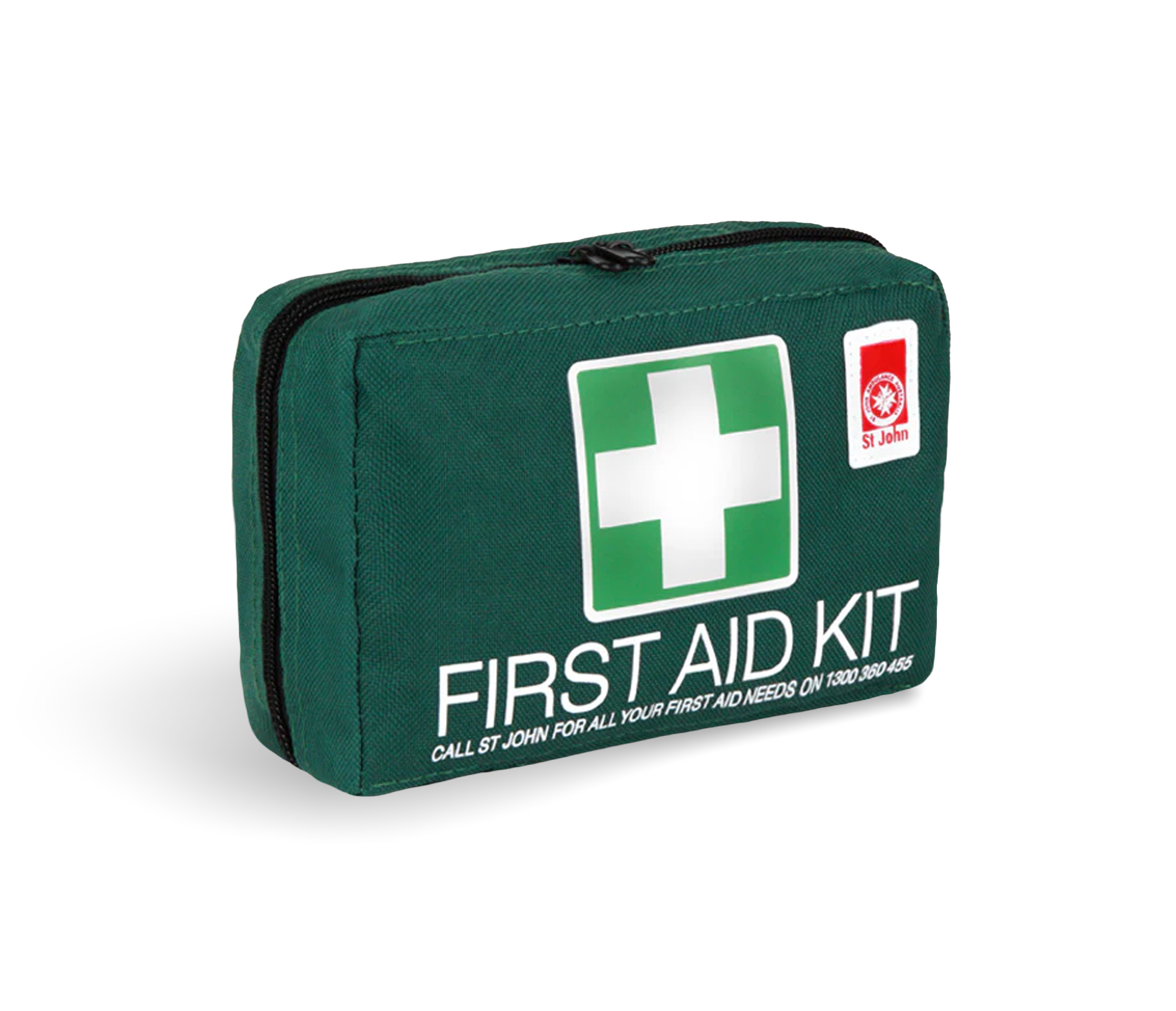 Green Empty First Aid Kit Bag with white cross symbol and St John logo designed for portable First Aid Supplies storage