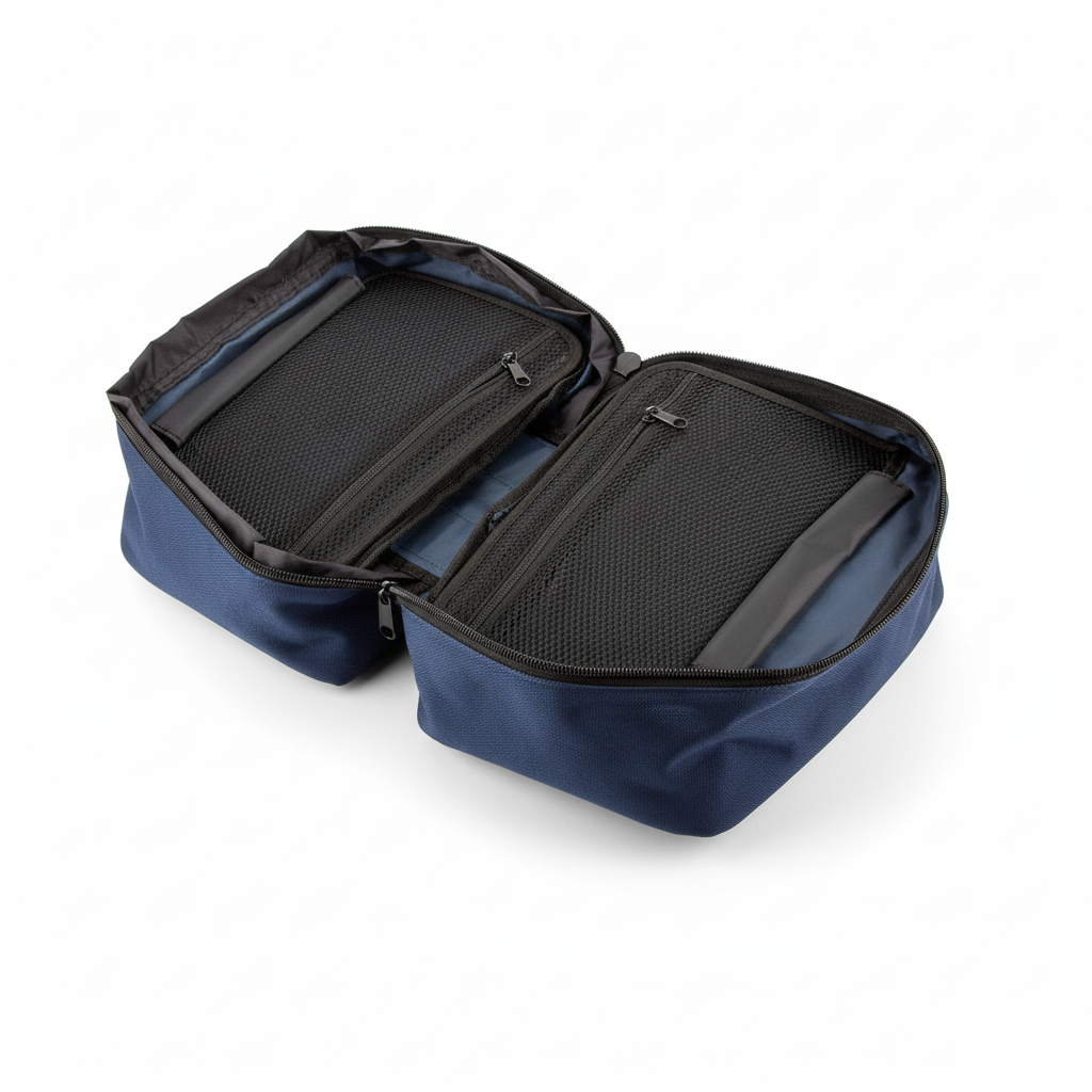 Empty First Aid Kit Bag open showing spacious black interior compartments for organizing first aid supplies.