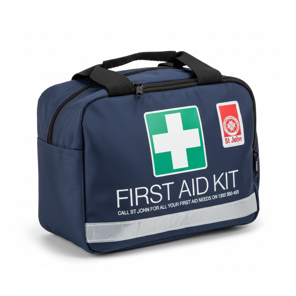 Empty First Aid Kit Bag by St John WA, navy blue storage bag ready for restocking first aid supplies and defibrillators.