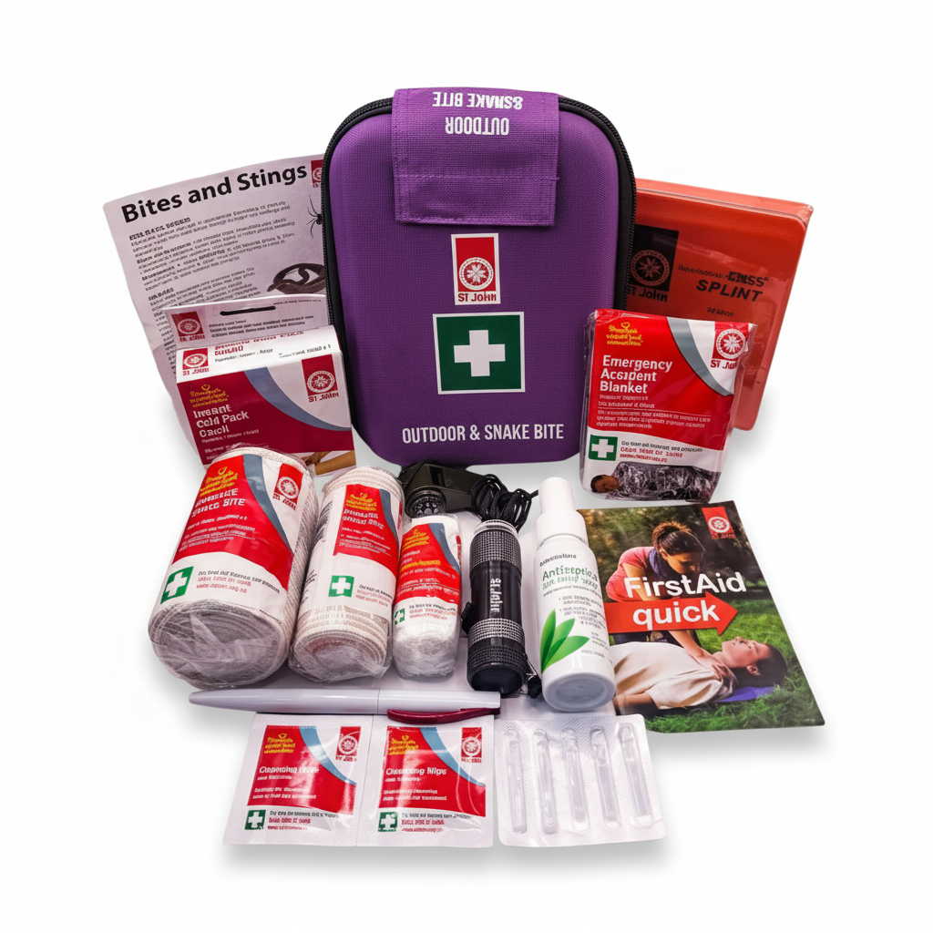 Outdoor and Snake Bite first aid kit with trauma dressings, gauze, splint, emergency blanket, antiseptic, and medical supplies for severe bleeding emergencies