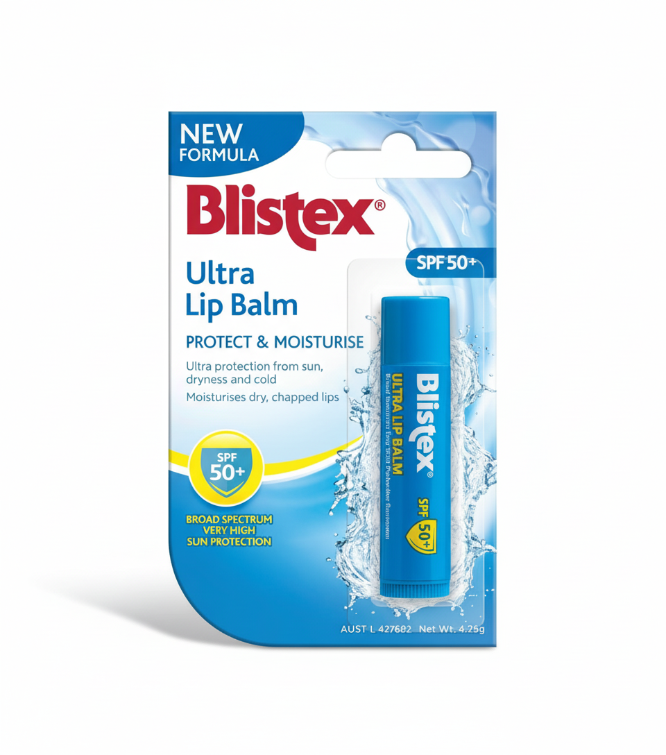 Blistex Ultra Lip Balm with SPF 50+ for intense lip protection, moisturizing dry, chapped lips from sun and cold.