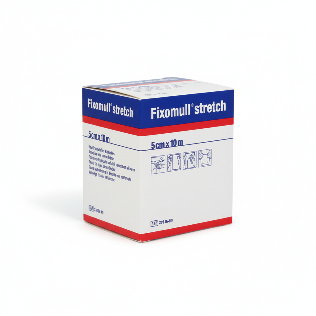 Box of Fixomull Stretch Tape 5cm x 10m with skin-friendly adhesive for securing dressings on contoured body parts