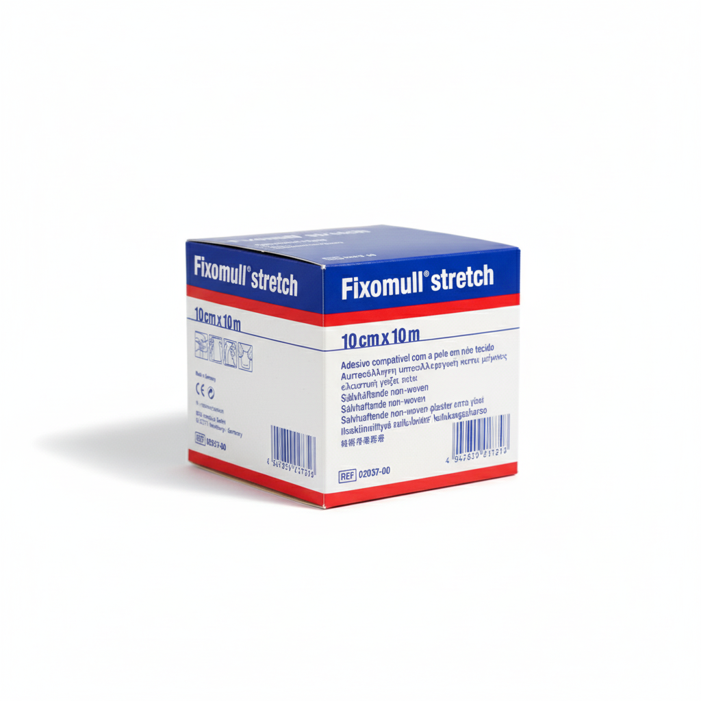 Fixomull Stretch Tape box showing 10cm x 10m skin-friendly adhesive stretchable first aid tape for secure dressings
